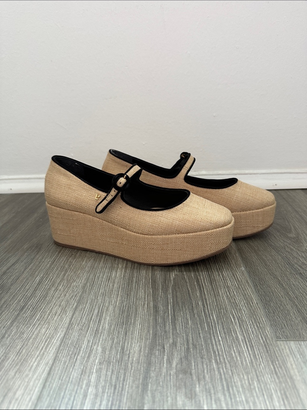 Larroude Beige Platform Mary Jane with Black Trim
